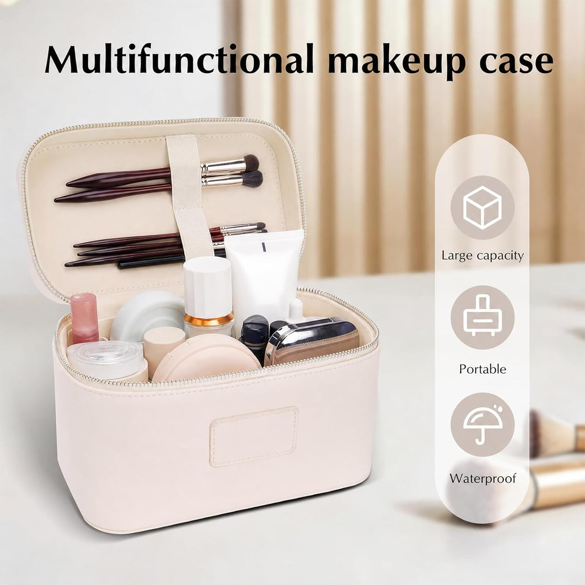 Makeup Case for Women, Leather Makeup Bag Cosmetic Case with Removable Divider, Large Capacity Waterproof Portable Travel Toiletry Make up Organizer Case