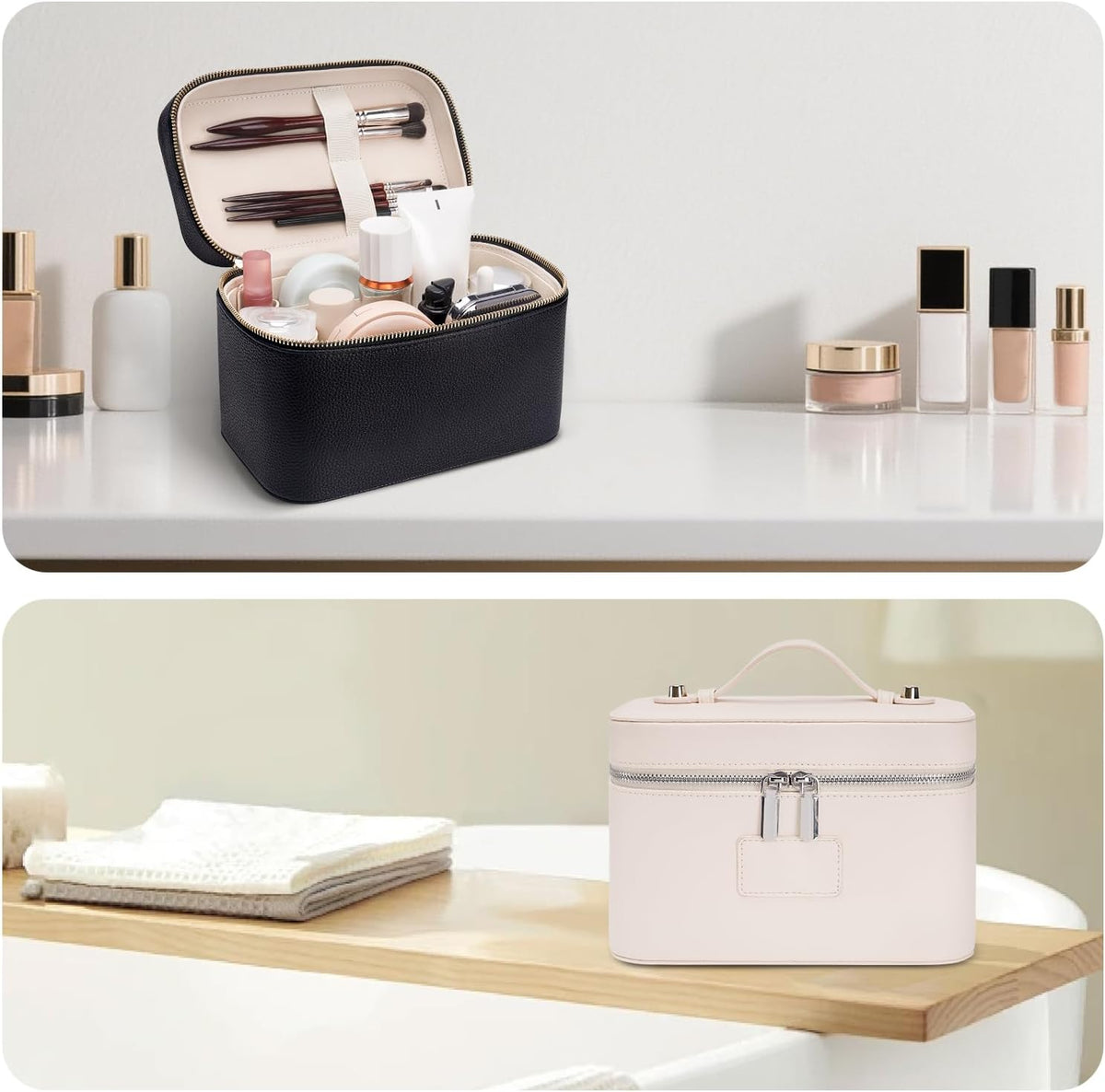 Makeup Case for Women, Leather Makeup Bag Cosmetic Case with Removable Divider, Large Capacity Waterproof Portable Travel Toiletry Make up Organizer Case