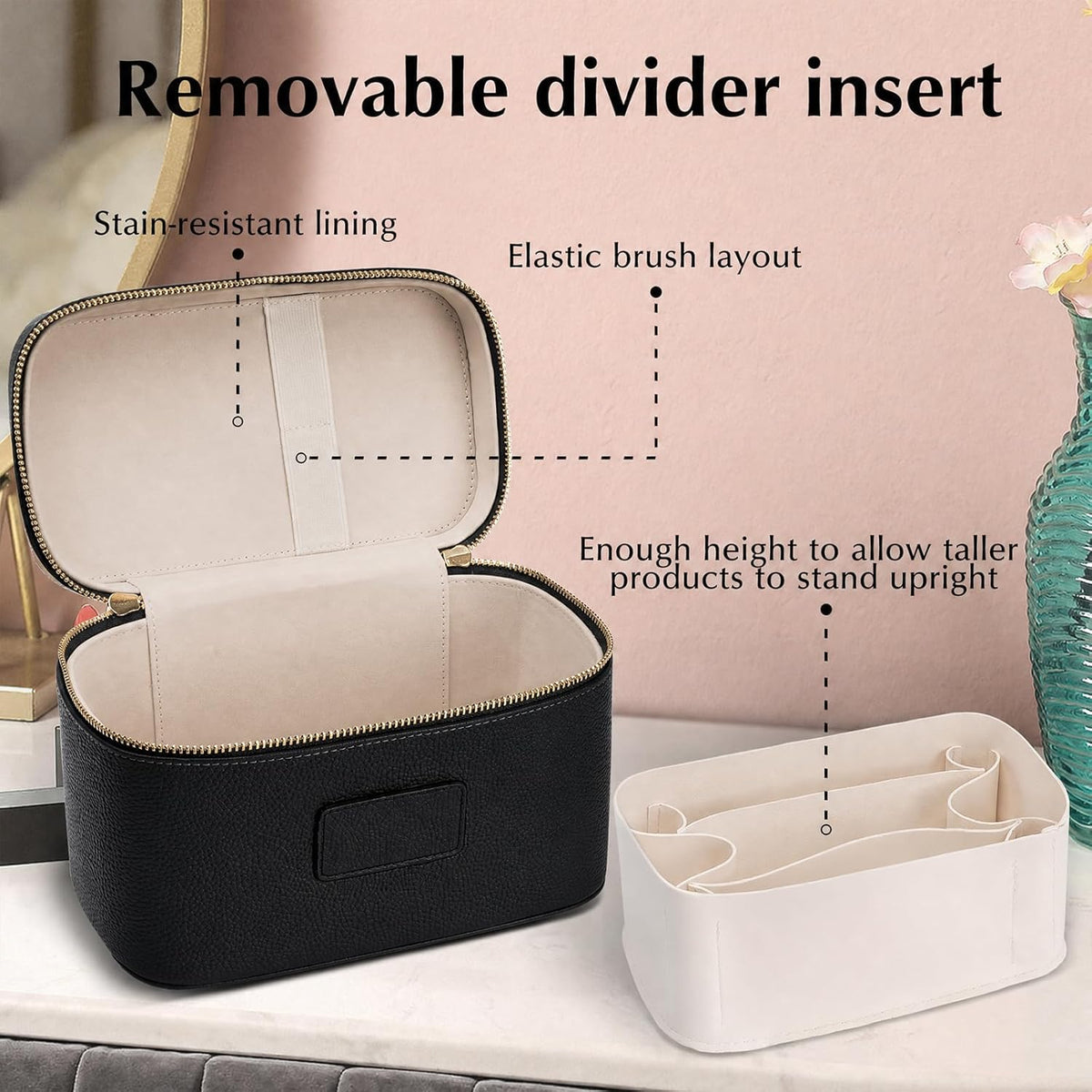 Makeup Case for Women, Leather Makeup Bag Cosmetic Case with Removable Divider, Large Capacity Waterproof Portable Travel Toiletry Make up Organizer Case