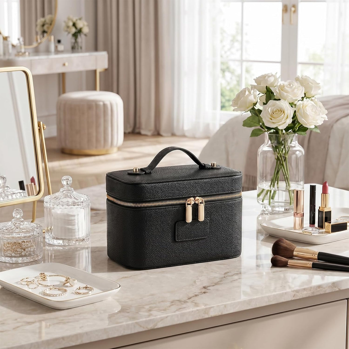 Makeup Case for Women, Leather Makeup Bag Cosmetic Case with Removable Divider, Large Capacity Waterproof Portable Travel Toiletry Make up Organizer Case