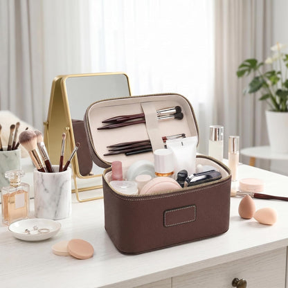 Makeup Case for Women, Leather Makeup Bag Cosmetic Case with Removable Divider, Large Capacity Waterproof Portable Travel Toiletry Make up Organizer Case