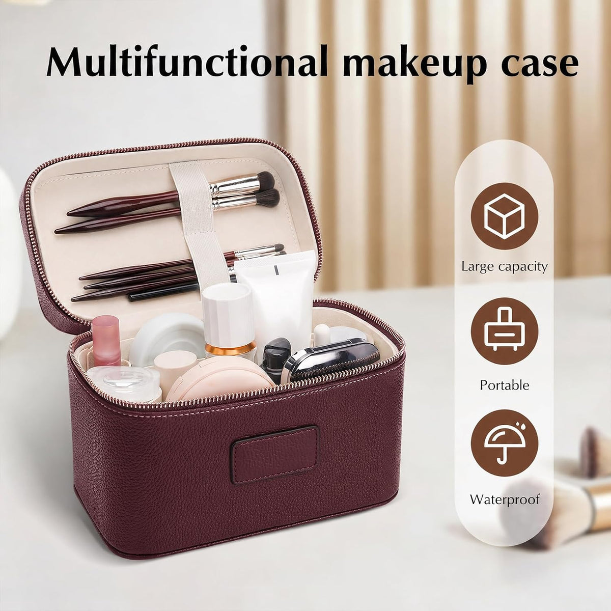 Makeup Case for Women, Leather Makeup Bag Cosmetic Case with Removable Divider, Large Capacity Waterproof Portable Travel Toiletry Make up Organizer Case