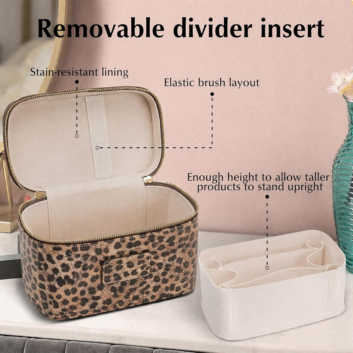 Makeup Case for Women, Leather Makeup Bag Cosmetic Case with Removable Divider, Large Capacity Waterproof Portable Travel Toiletry Make up Organizer Case