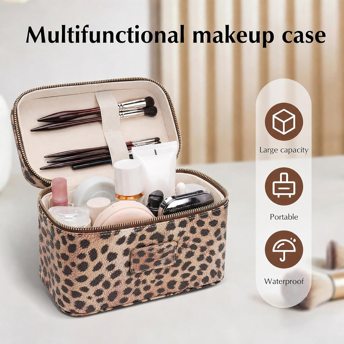 Makeup Case for Women, Leather Makeup Bag Cosmetic Case with Removable Divider, Large Capacity Waterproof Portable Travel Toiletry Make up Organizer Case