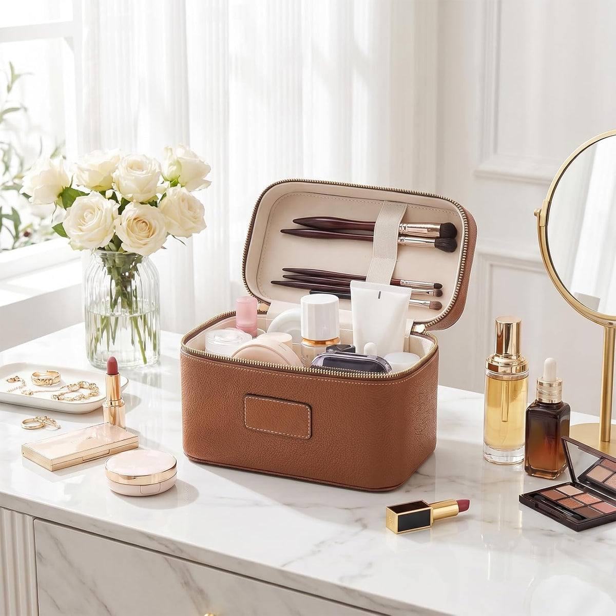 Makeup Case for Women, Leather Makeup Bag Cosmetic Case with Removable Divider, Large Capacity Waterproof Portable Travel Toiletry Make up Organizer Case