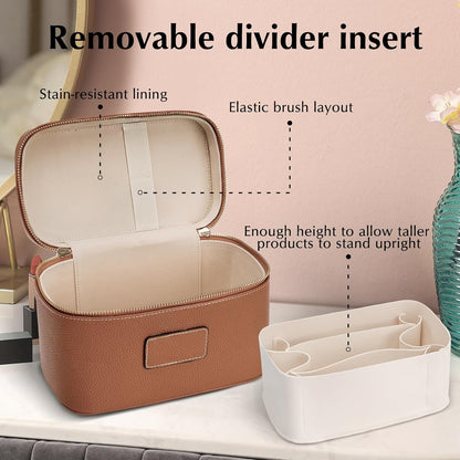 Makeup Case for Women, Leather Makeup Bag Cosmetic Case with Removable Divider, Large Capacity Waterproof Portable Travel Toiletry Make up Organizer Case