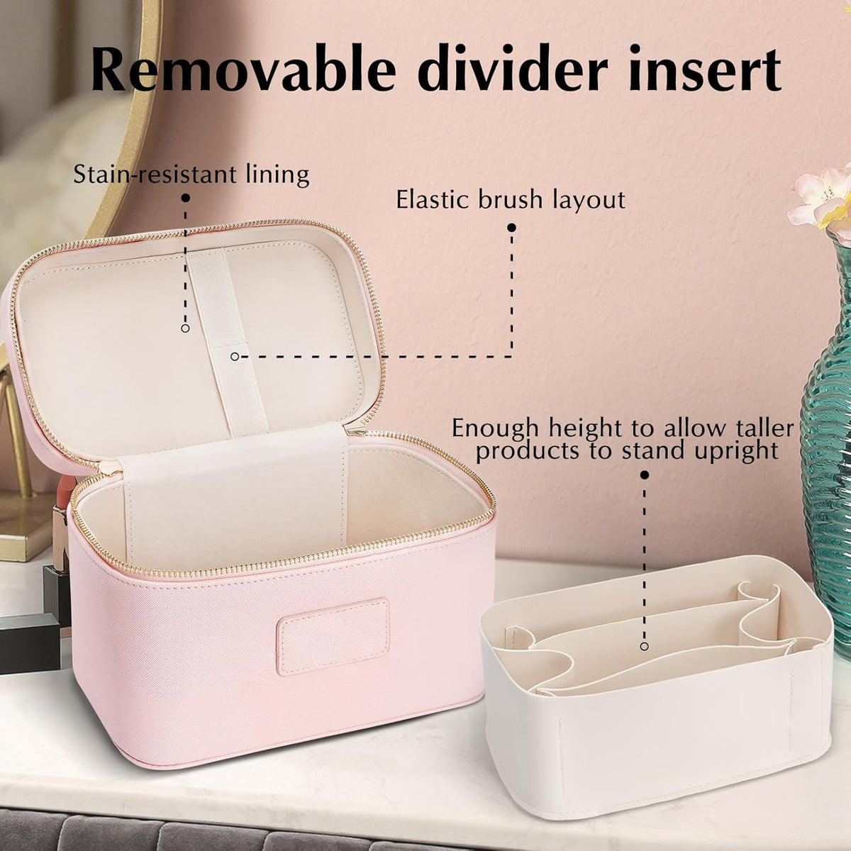 Makeup Case for Women, Leather Makeup Bag Cosmetic Case with Removable Divider, Large Capacity Waterproof Portable Travel Toiletry Make up Organizer Case
