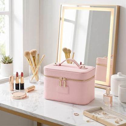 Makeup Case for Women, Leather Makeup Bag Cosmetic Case with Removable Divider, Large Capacity Waterproof Portable Travel Toiletry Make up Organizer Case