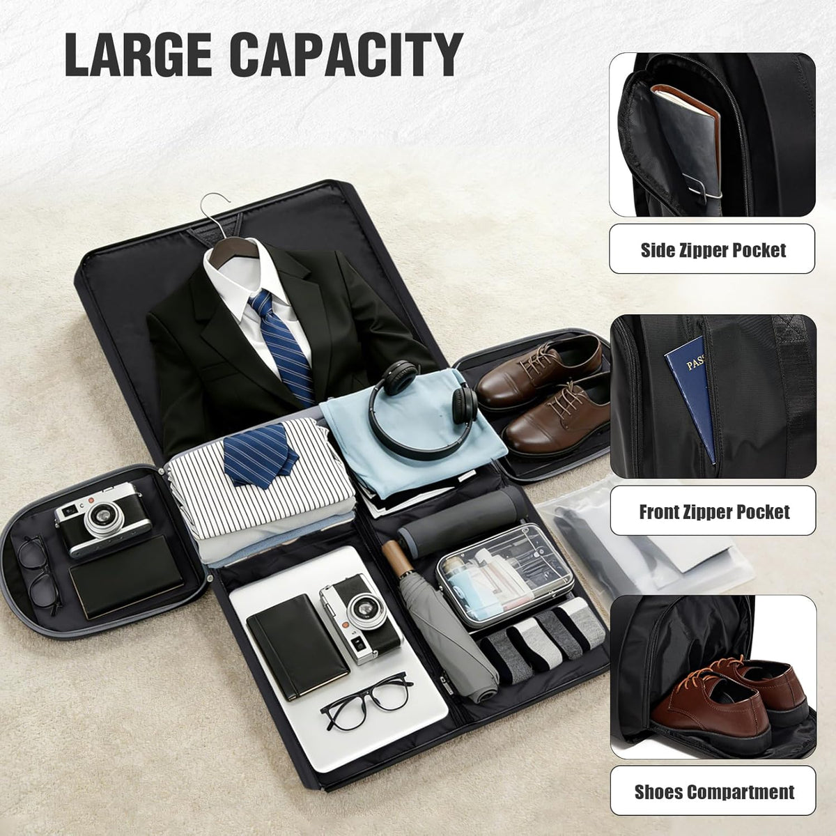 Convertible Garment Bags for Travel Carry On Garment Bag For Men Women Foldable Duffle Bag For Travel With Shoe Compartment, Luggage Weekend Bag, 2 in 1 Hanging Suitcase Suit Travel Bags (Black)