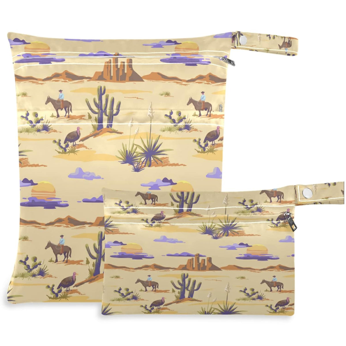 Vintage Cactus Mountain Cowboy Horse Sunset 2Pcs Wet Bag with Zippered Pockets Washable Reusable Roomy Diaper Bag for Travel,Beach,Daycare,Stroller,Diapers,Dirty Gym Clothes,Wet Swimsuits,To