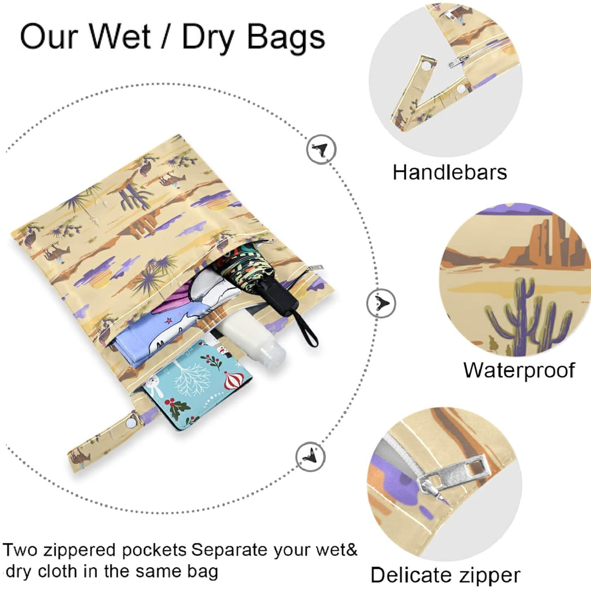 Vintage Cactus Mountain Cowboy Horse Sunset 2Pcs Wet Bag with Zippered Pockets Washable Reusable Roomy Diaper Bag for Travel,Beach,Daycare,Stroller,Diapers,Dirty Gym Clothes,Wet Swimsuits,To