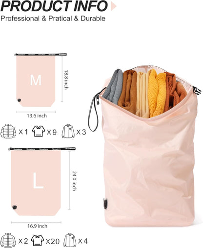 Travel Laundry Bag, Pump Free Vacuum Storage Bag Reusable Compression Dirty Clothes Travel Bag Waterproof Wet Dry Bags Large Capacity Space Saver Bags Camp Clothes Organizer (1 Pcs)(Pink, L)