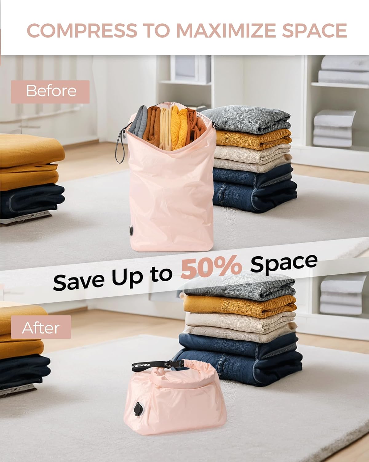 Travel Laundry Bag, Pump Free Vacuum Storage Bag Reusable Compression Dirty Clothes Travel Bag Waterproof Wet Dry Bags Large Capacity Space Saver Bags Camp Clothes Organizer (1 Pcs)(Pink, L)