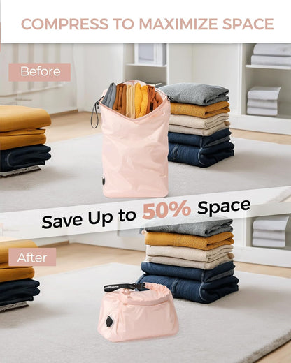Travel Laundry Bag, Pump Free Vacuum Storage Bag Reusable Compression Dirty Clothes Travel Bag Waterproof Wet Dry Bags Large Capacity Space Saver Bags Camp Clothes Organizer (1 Pcs)(Pink, L)