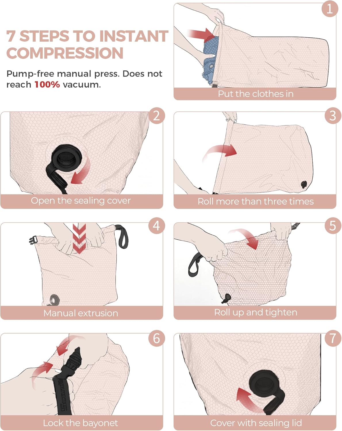 Travel Laundry Bag, Pump Free Vacuum Storage Bag Reusable Compression Dirty Clothes Travel Bag Waterproof Wet Dry Bags Large Capacity Space Saver Bags Camp Clothes Organizer (1 Pcs)(Pink, L)