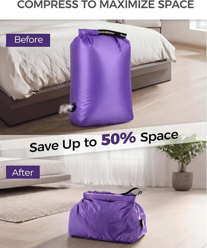 Travel Laundry Bag, Pump Free Vacuum Storage Bag Reusable Compression Dirty Clothes Travel Bag Waterproof Wet Dry Bags Large Capacity Space Saver Bags Camp Clothes Organizer (1 Pcs)(Pink, L)