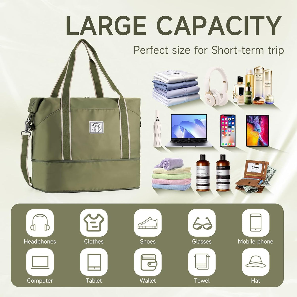 Travel Duffel Bag, Weekender Overnight Carry On Bag for Women Men, Foldable Waterproof Gym Luggage with Metal Buckle Detachable Shoulder Strap and Wet Compartment (Black)