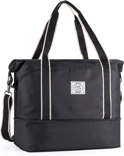 Travel Duffel Bag, Weekender Overnight Carry On Bag for Women Men, Foldable Waterproof Gym Luggage with Metal Buckle Detachable Shoulder Strap and Wet Compartment (Black)
