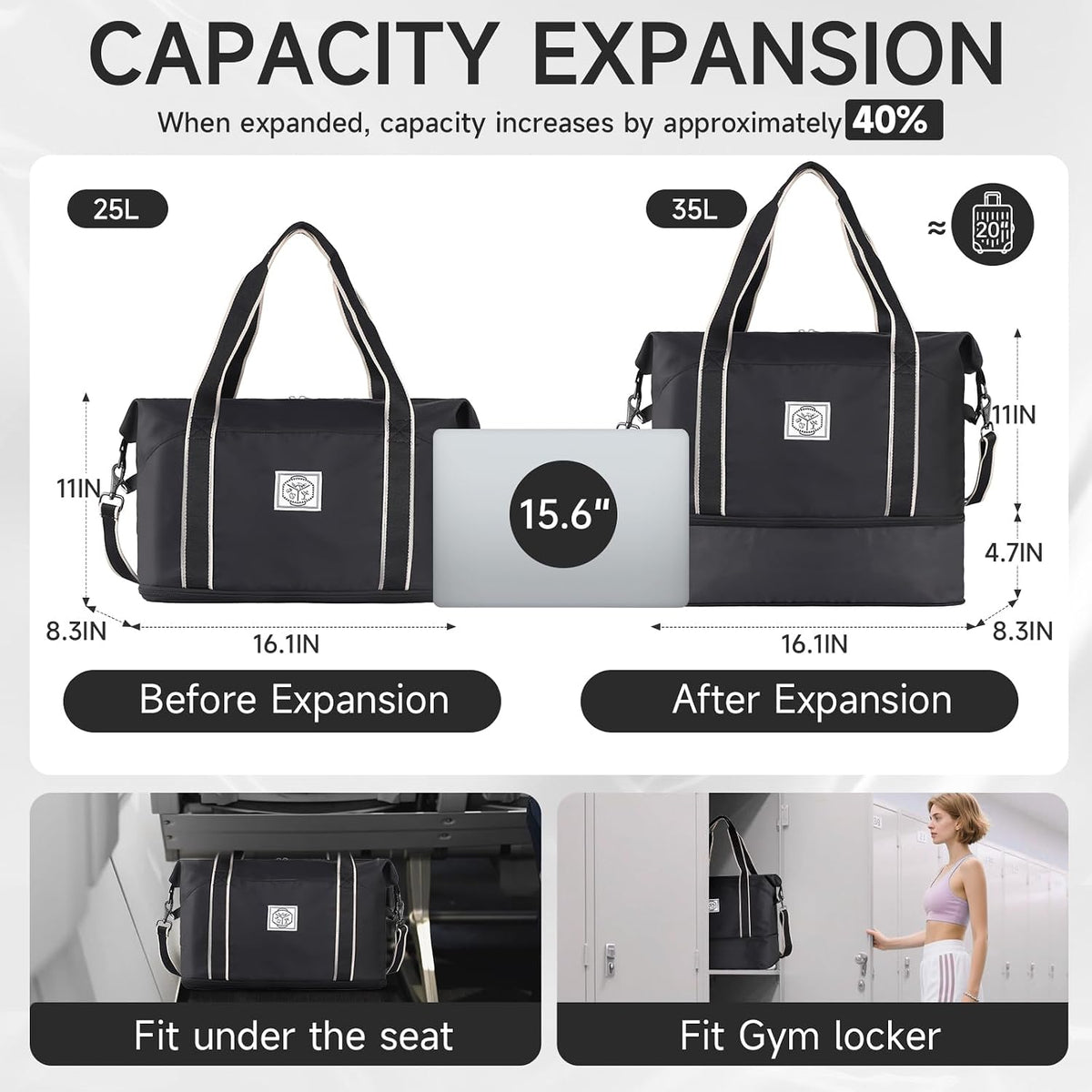 Travel Duffel Bag, Weekender Overnight Carry On Bag for Women Men, Foldable Waterproof Gym Luggage with Metal Buckle Detachable Shoulder Strap and Wet Compartment (Black)