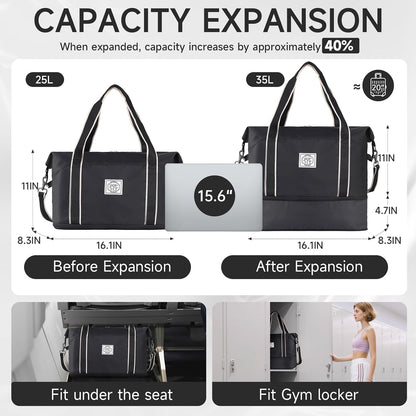 Travel Duffel Bag, Weekender Overnight Carry On Bag for Women Men, Foldable Waterproof Gym Luggage with Metal Buckle Detachable Shoulder Strap and Wet Compartment (Black)