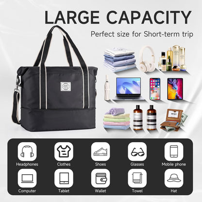 Travel Duffel Bag, Weekender Overnight Carry On Bag for Women Men, Foldable Waterproof Gym Luggage with Metal Buckle Detachable Shoulder Strap and Wet Compartment (Black)