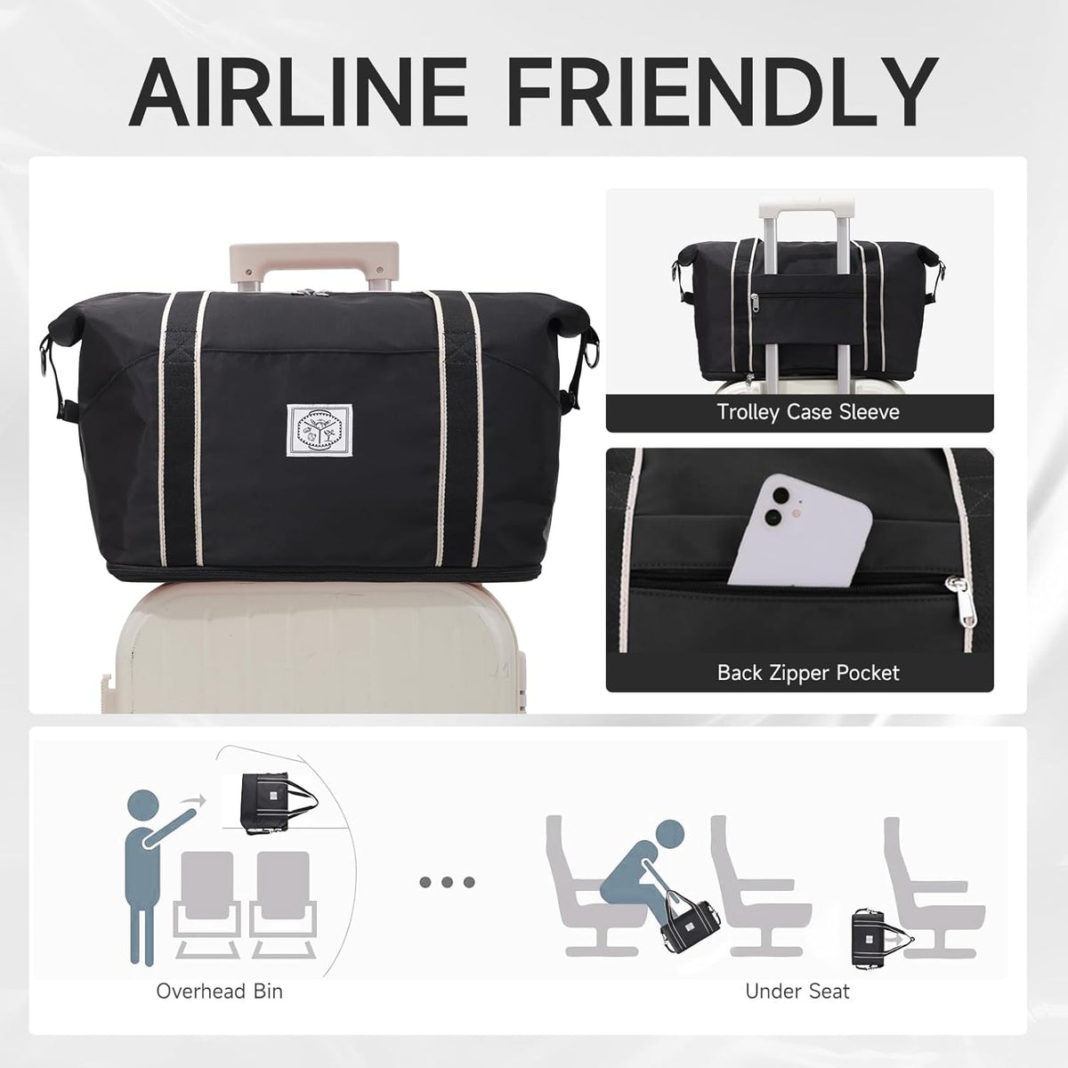 Travel Duffel Bag, Weekender Overnight Carry On Bag for Women Men, Foldable Waterproof Gym Luggage with Metal Buckle Detachable Shoulder Strap and Wet Compartment (Black)