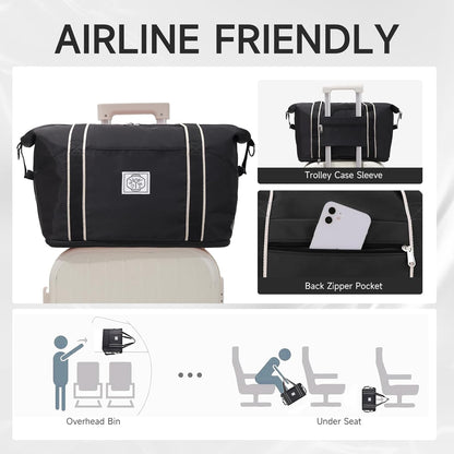 Travel Duffel Bag, Weekender Overnight Carry On Bag for Women Men, Foldable Waterproof Gym Luggage with Metal Buckle Detachable Shoulder Strap and Wet Compartment (Black)