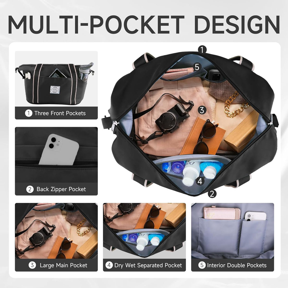 Travel Duffel Bag, Weekender Overnight Carry On Bag for Women Men, Foldable Waterproof Gym Luggage with Metal Buckle Detachable Shoulder Strap and Wet Compartment (Black)