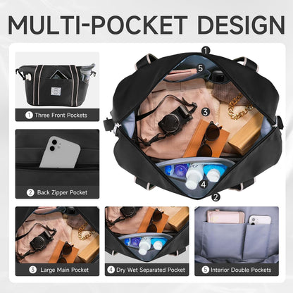 Travel Duffel Bag, Weekender Overnight Carry On Bag for Women Men, Foldable Waterproof Gym Luggage with Metal Buckle Detachable Shoulder Strap and Wet Compartment (Black)