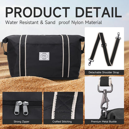 Travel Duffel Bag, Weekender Overnight Carry On Bag for Women Men, Foldable Waterproof Gym Luggage with Metal Buckle Detachable Shoulder Strap and Wet Compartment (Black)