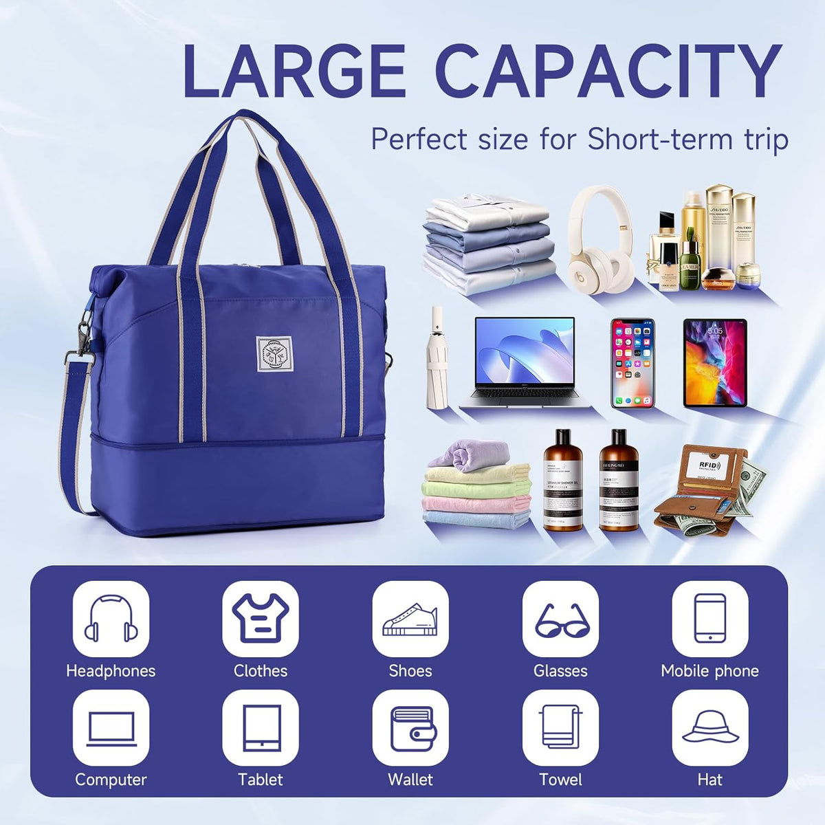Travel Duffel Bag, Weekender Overnight Carry On Bag for Women Men, Foldable Waterproof Gym Luggage with Metal Buckle Detachable Shoulder Strap and Wet Compartment (Black)