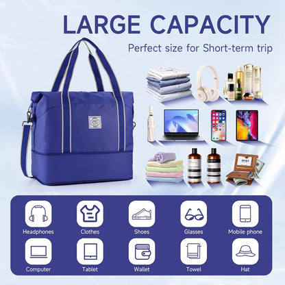 Travel Duffel Bag, Weekender Overnight Carry On Bag for Women Men, Foldable Waterproof Gym Luggage with Metal Buckle Detachable Shoulder Strap and Wet Compartment (Black)
