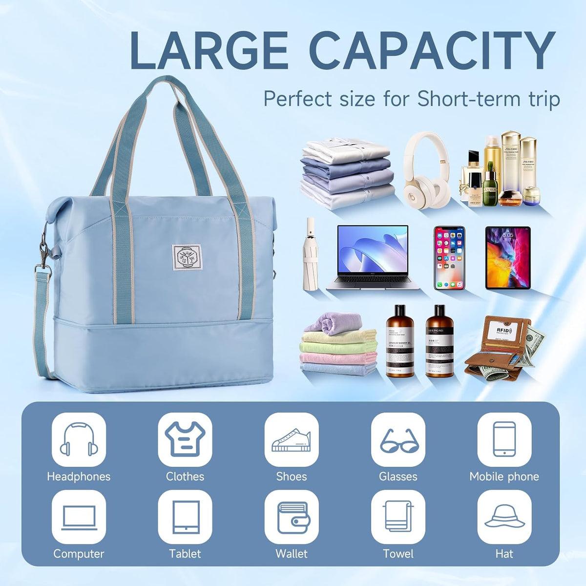 Travel Duffel Bag, Weekender Overnight Carry On Bag for Women Men, Foldable Waterproof Gym Luggage with Metal Buckle Detachable Shoulder Strap and Wet Compartment (Black)