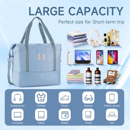 Travel Duffel Bag, Weekender Overnight Carry On Bag for Women Men, Foldable Waterproof Gym Luggage with Metal Buckle Detachable Shoulder Strap and Wet Compartment (Black)