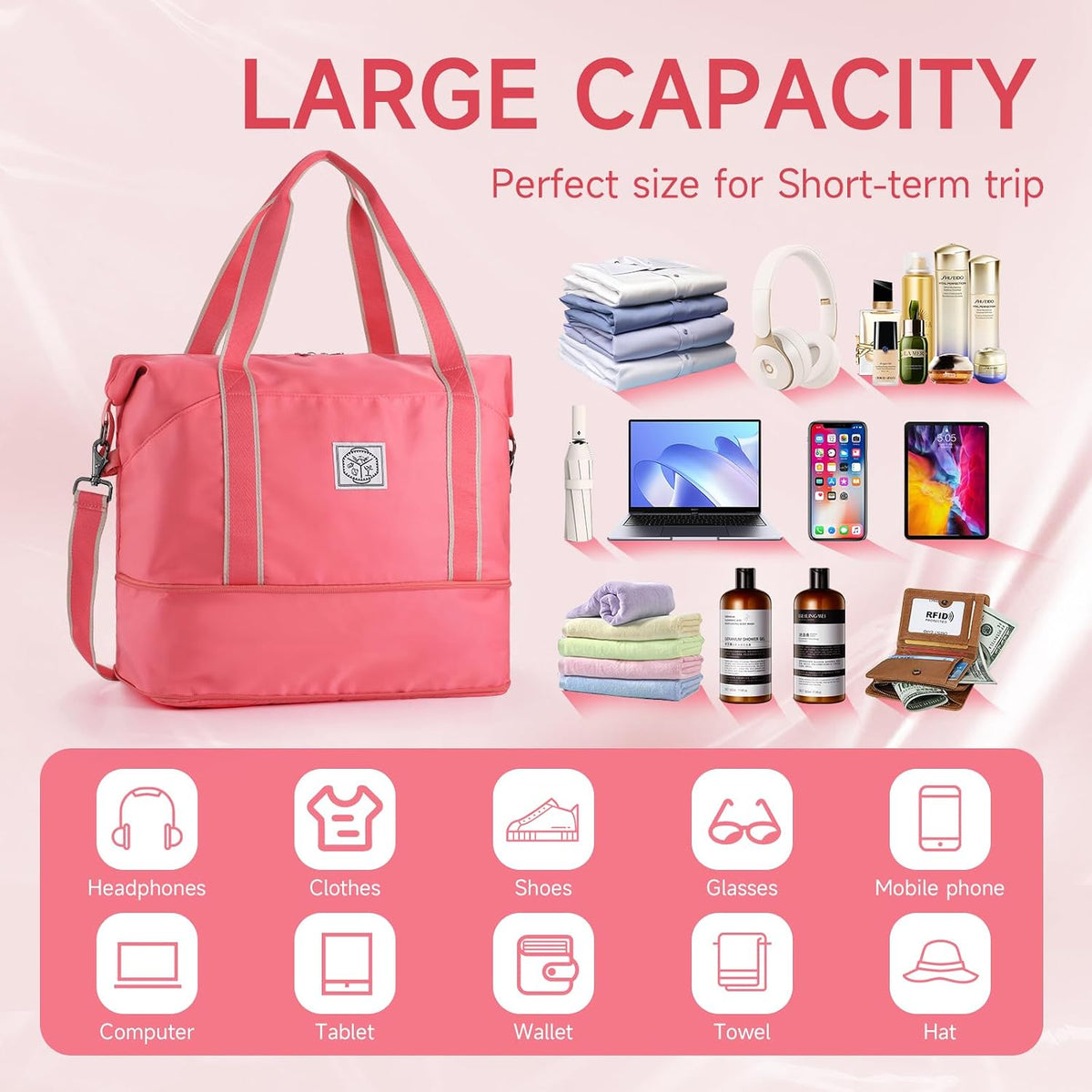 Travel Duffel Bag, Weekender Overnight Carry On Bag for Women Men, Foldable Waterproof Gym Luggage with Metal Buckle Detachable Shoulder Strap and Wet Compartment (Black)
