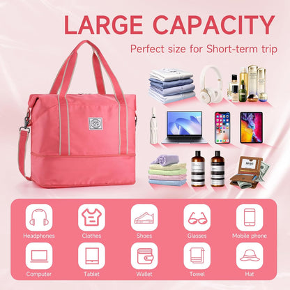 Travel Duffel Bag, Weekender Overnight Carry On Bag for Women Men, Foldable Waterproof Gym Luggage with Metal Buckle Detachable Shoulder Strap and Wet Compartment (Black)