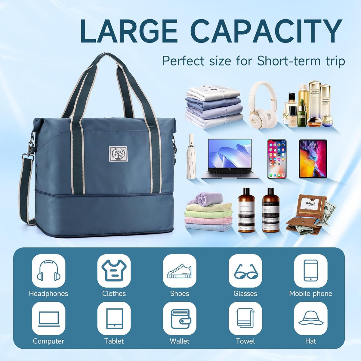Travel Duffel Bag, Weekender Overnight Carry On Bag for Women Men, Foldable Waterproof Gym Luggage with Metal Buckle Detachable Shoulder Strap and Wet Compartment (Black)