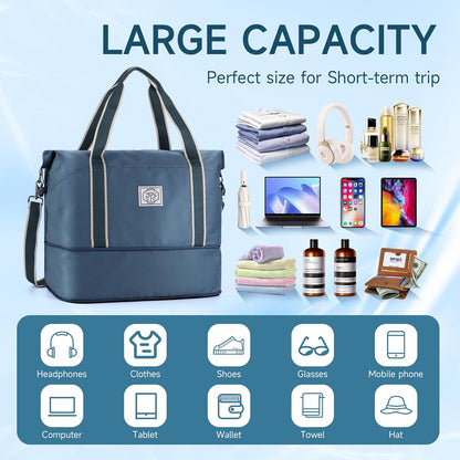 Travel Duffel Bag, Weekender Overnight Carry On Bag for Women Men, Foldable Waterproof Gym Luggage with Metal Buckle Detachable Shoulder Strap and Wet Compartment (Black)