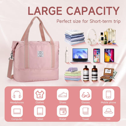Travel Duffel Bag, Weekender Overnight Carry On Bag for Women Men, Foldable Waterproof Gym Luggage with Metal Buckle Detachable Shoulder Strap and Wet Compartment (Black)