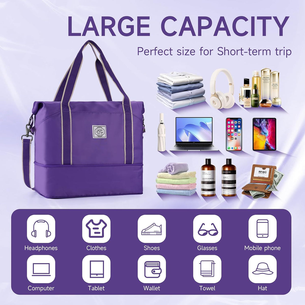 Travel Duffel Bag, Weekender Overnight Carry On Bag for Women Men, Foldable Waterproof Gym Luggage with Metal Buckle Detachable Shoulder Strap and Wet Compartment (Black)