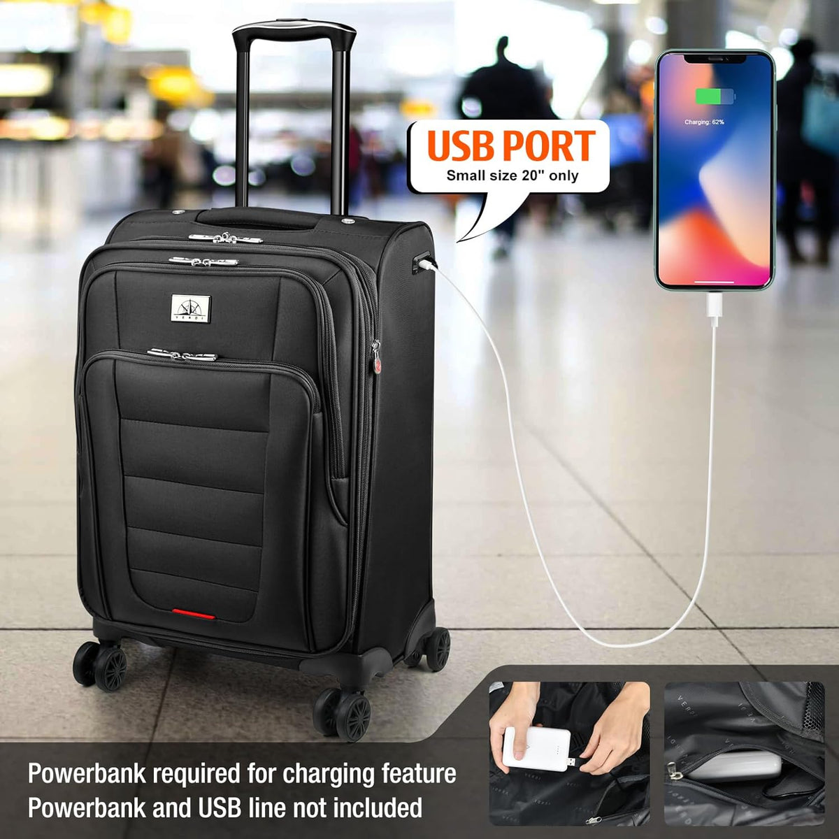Verdi Softside Expandable Carry-On Luggage with Spinner Wheel USB Port Lightweight (Khaki, 20-Inch Carry-On)