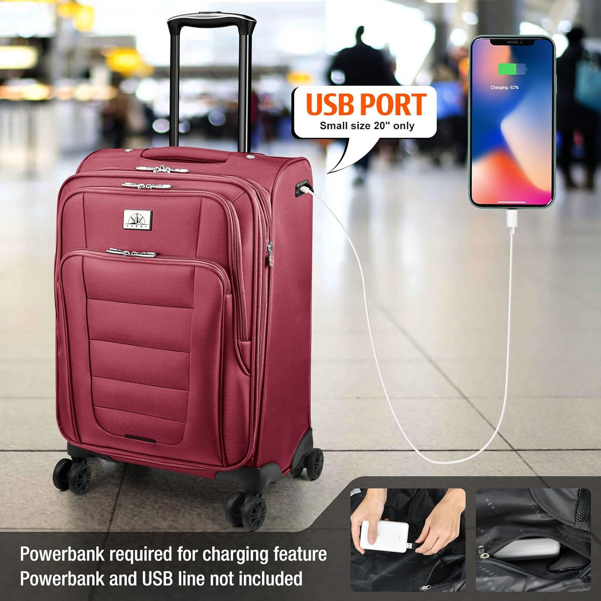 Verdi Softside Expandable Carry-On Luggage with Spinner Wheel USB Port Lightweight (Khaki, 20-Inch Carry-On)
