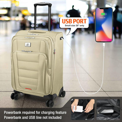 Verdi Softside Expandable Carry-On Luggage with Spinner Wheel USB Port Lightweight (Khaki, 20-Inch Carry-On)