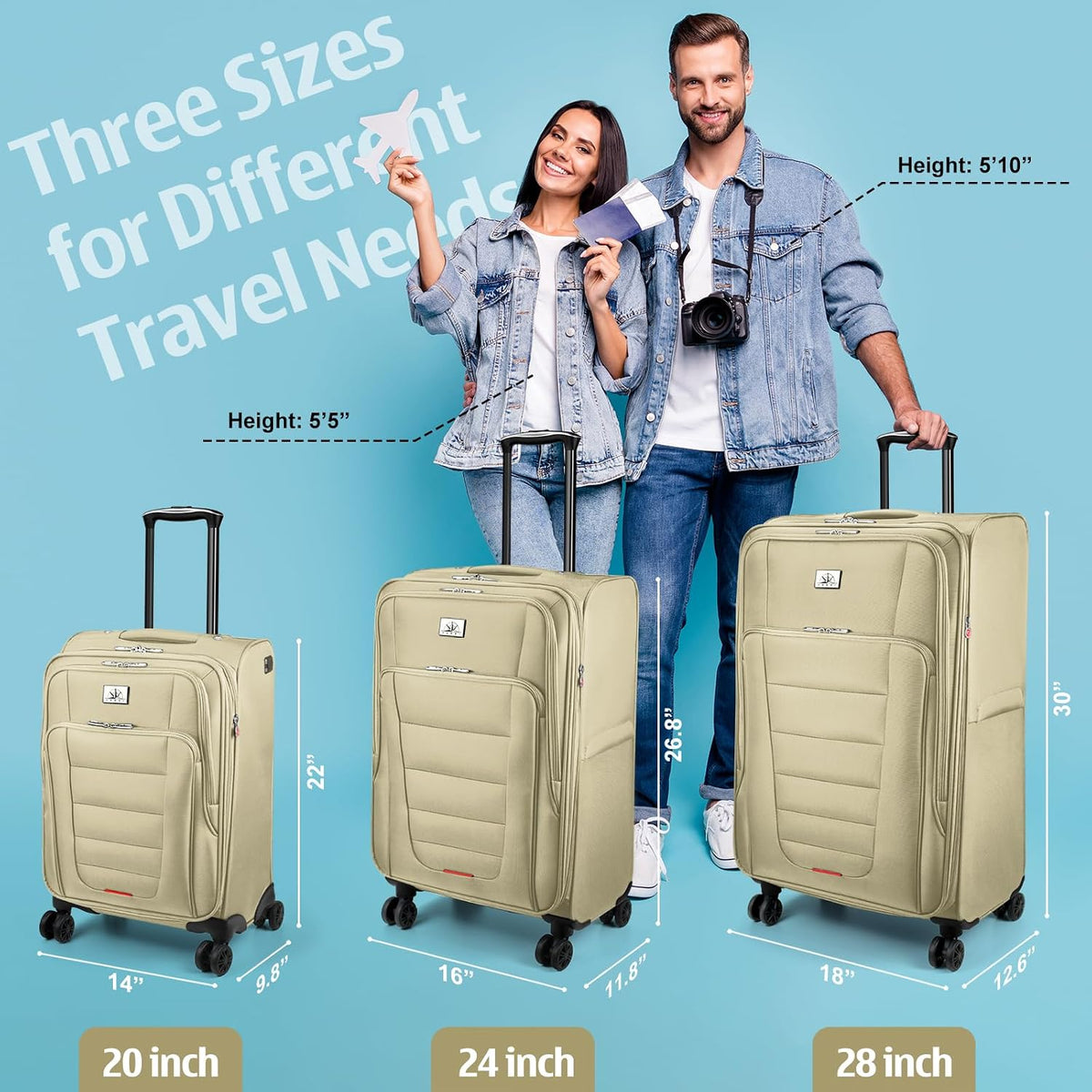 Verdi Softside Expandable Carry-On Luggage with Spinner Wheel USB Port Lightweight (Khaki, 20-Inch Carry-On)