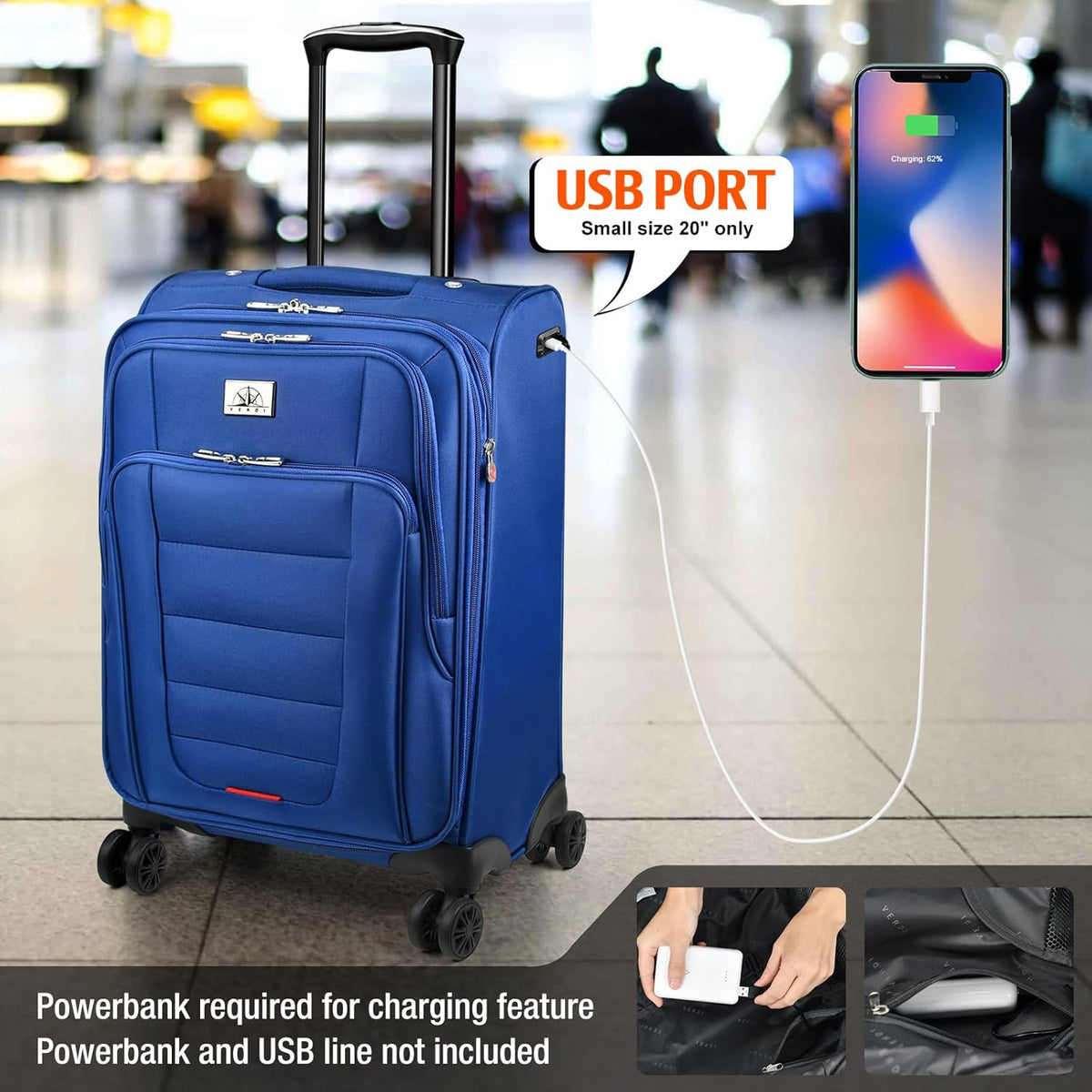 Verdi Softside Expandable Carry-On Luggage with Spinner Wheel USB Port Lightweight (Khaki, 20-Inch Carry-On)