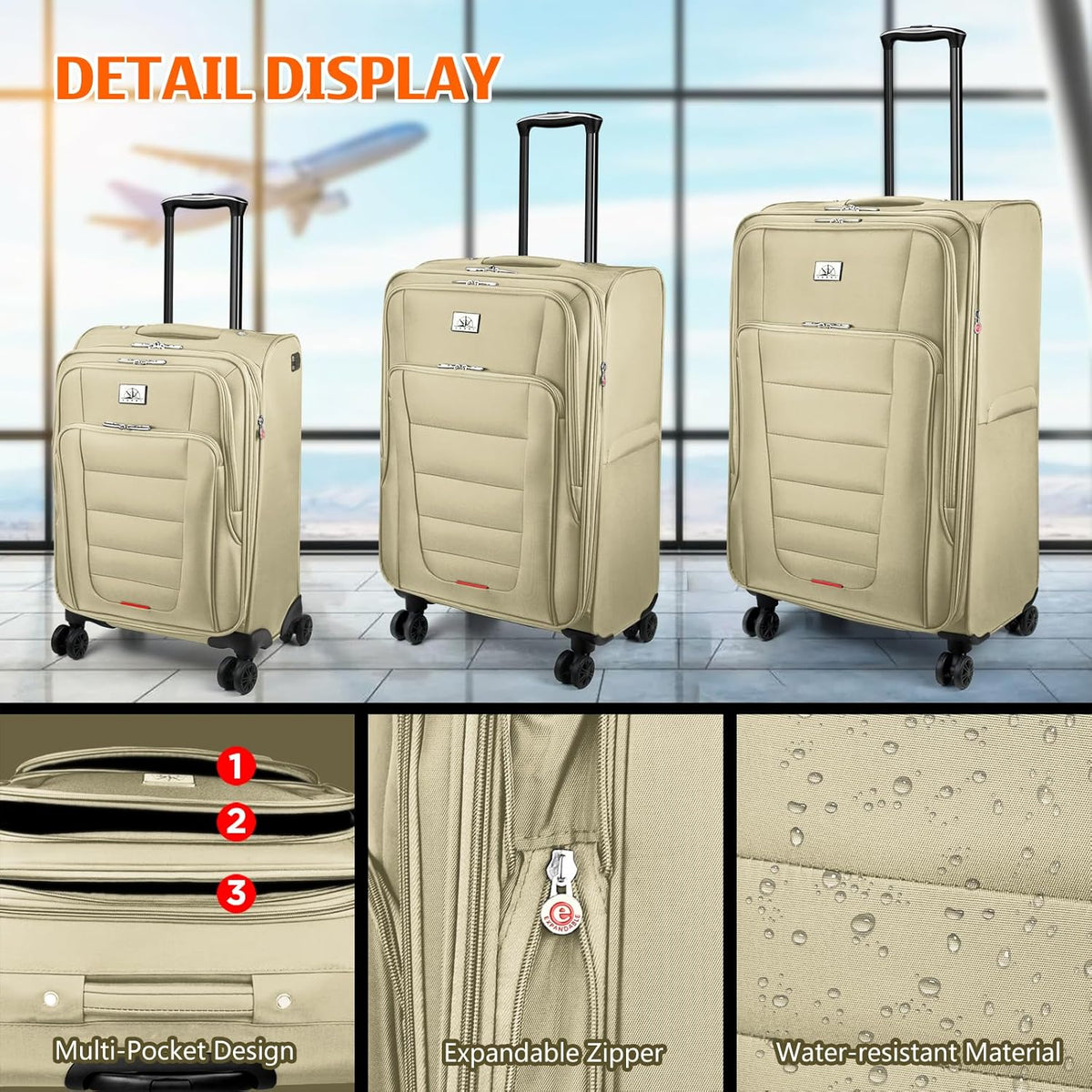Verdi Softside Expandable Carry-On Luggage with Spinner Wheel USB Port Lightweight (Khaki, 20-Inch Carry-On)