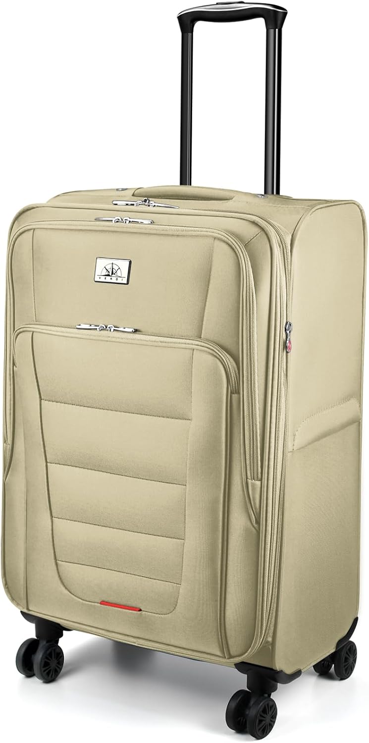 Verdi Softside Expandable Carry-On Luggage with Spinner Wheel USB Port Lightweight (Khaki, 20-Inch Carry-On)