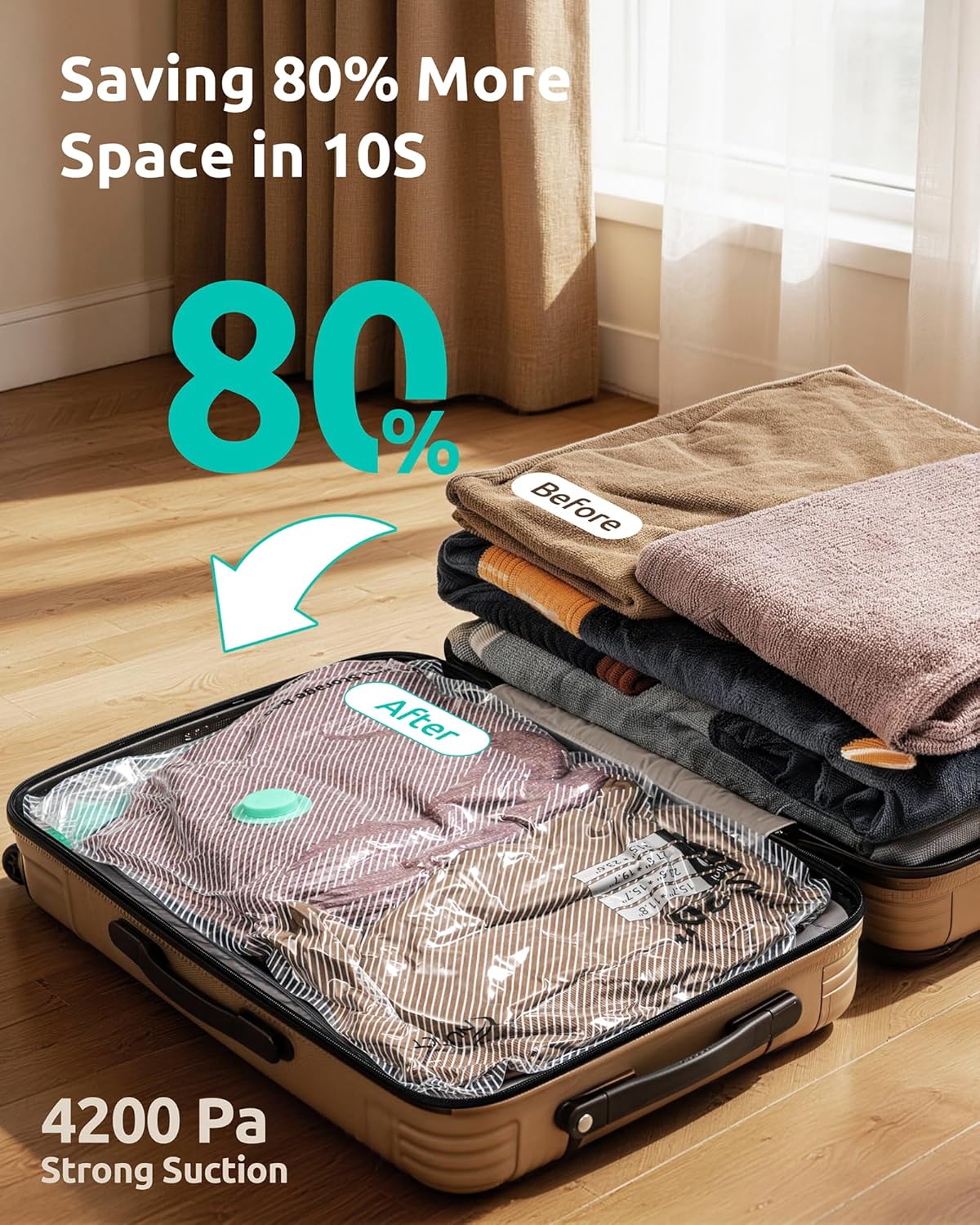 Travel Vacuum Seal Bags with Electric Pump, Home Seasonal Storage | 4 Sizes, Compression Pack Bag for Clothes, Blankets, Bedding, Pillows, Extra-Thick, Reusable, Luggage & Suitcase Space Saver