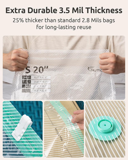 Travel Vacuum Seal Bags with Electric Pump, Home Seasonal Storage | 4 Sizes, Compression Pack Bag for Clothes, Blankets, Bedding, Pillows, Extra-Thick, Reusable, Luggage & Suitcase Space Saver