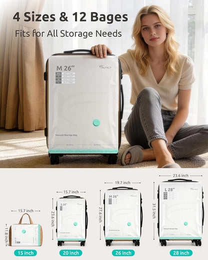 Travel Vacuum Seal Bags with Electric Pump, Home Seasonal Storage | 4 Sizes, Compression Pack Bag for Clothes, Blankets, Bedding, Pillows, Extra-Thick, Reusable, Luggage & Suitcase Space Saver